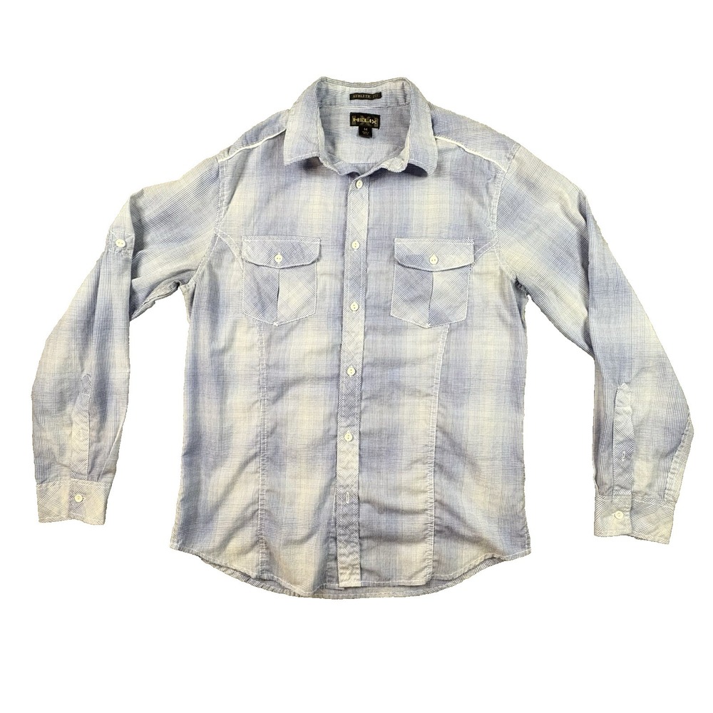 Helix Men's M Light Blue Gingham LS Button Up‎ Roll Tab Shirt SEE DESCRIPTION